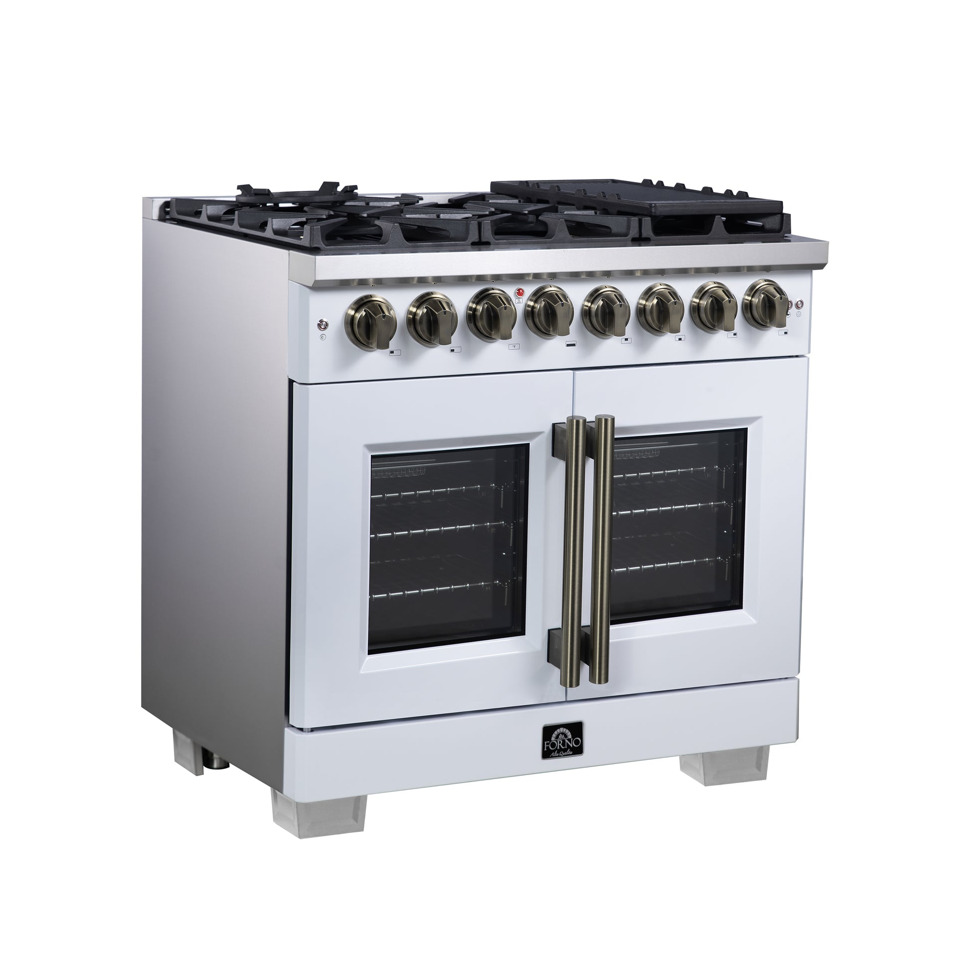 Forno Capriasca 36 Inch Freestanding French Door Dual Fuel Range in White with Antique Brass Accessories, 6 Burners, True Convection Oven - Forno Appliances