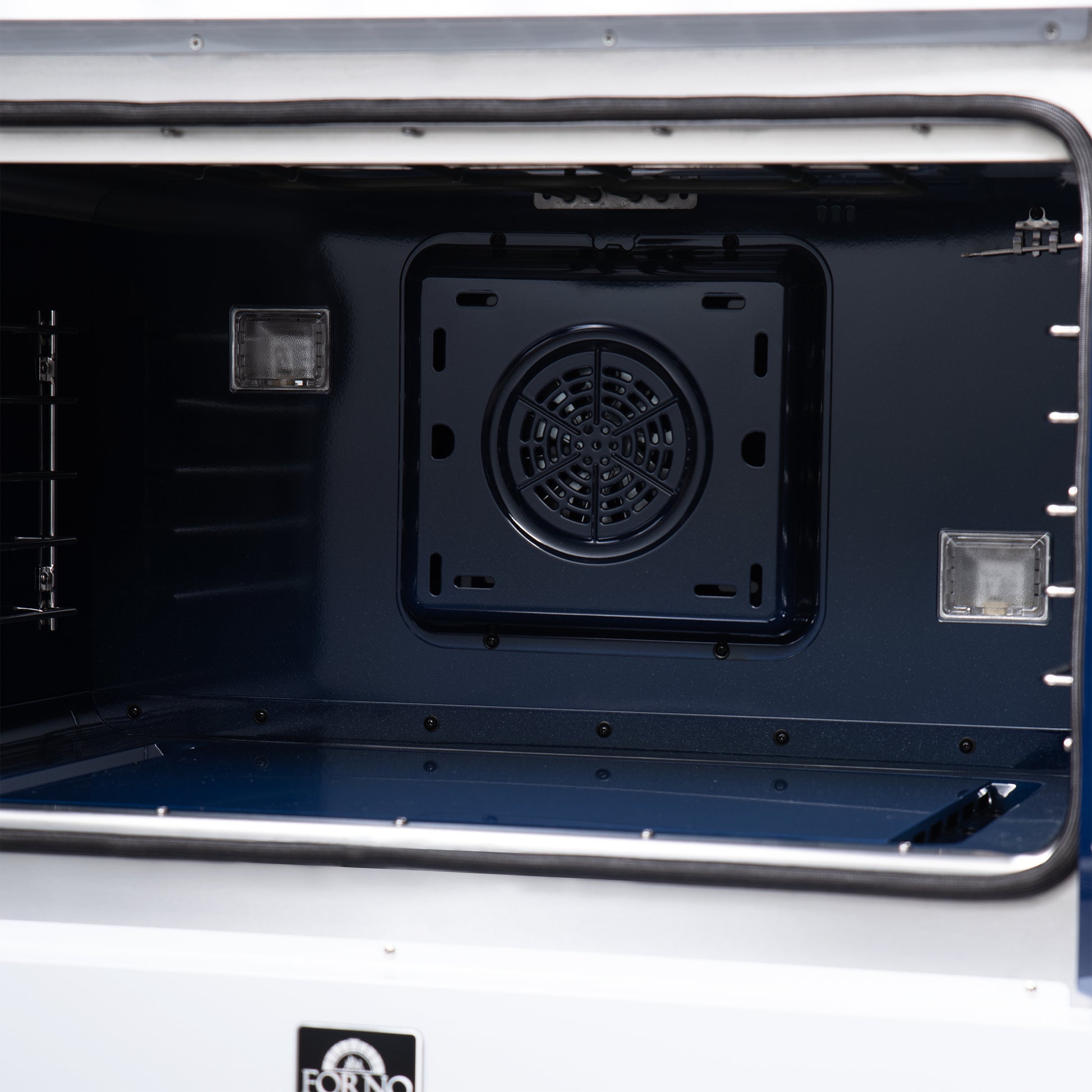 Forno Capriasca 36 Inch Freestanding French Door Dual Fuel Range in White with Antique Brass Accessories, 6 Burners, True Convection Oven - Forno Appliances