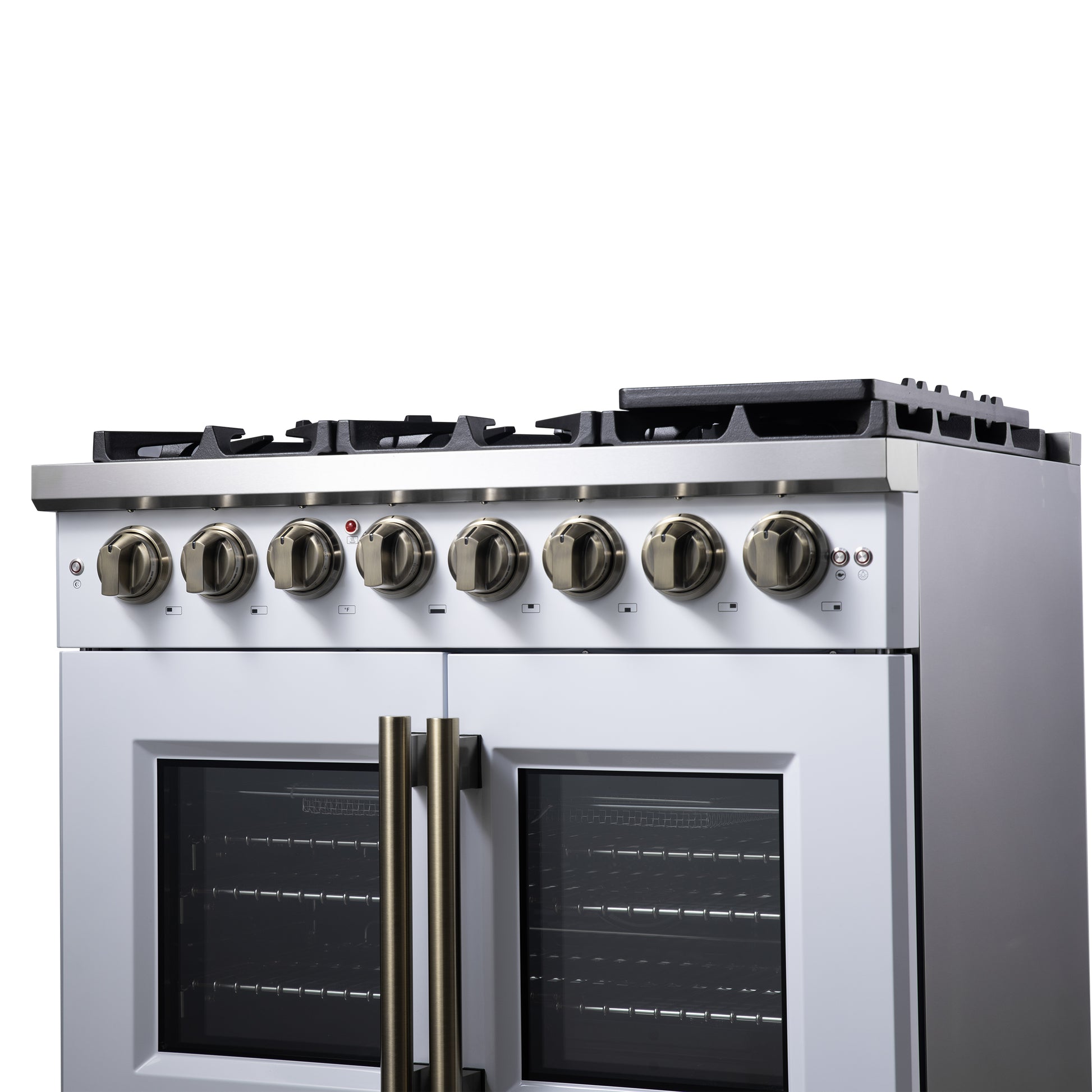 Forno Capriasca 36 Inch Freestanding French Door Dual Fuel Range in White with Antique Brass Accessories, 6 Burners, True Convection Oven - Forno Appliances
