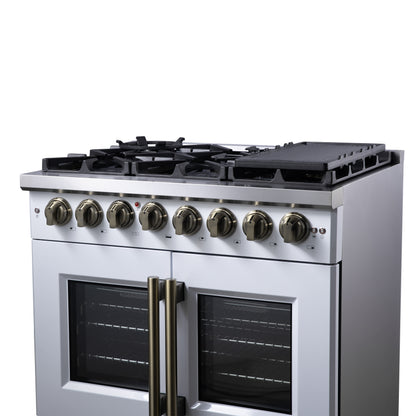 Forno Capriasca 36 Inch Freestanding French Door Dual Fuel Range in White with Antique Brass Accessories, 6 Burners, True Convection Oven - Forno Appliances