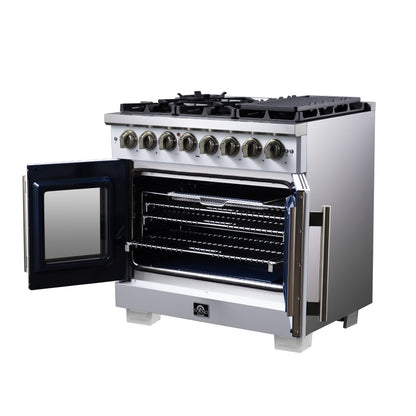 Forno Capriasca 36 Inch Freestanding French Door Dual Fuel Range in White with Antique Brass Accessories, 6 Burners, True Convection Oven - Forno Appliances