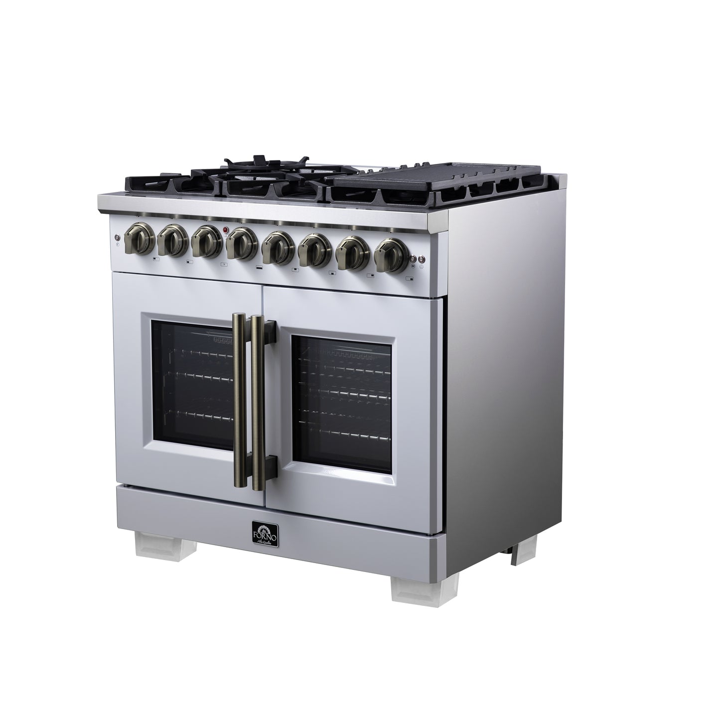 Forno Capriasca 36 Inch Freestanding French Door Dual Fuel Range in White with Antique Brass Accessories, 6 Burners, True Convection Oven - Forno Appliances
