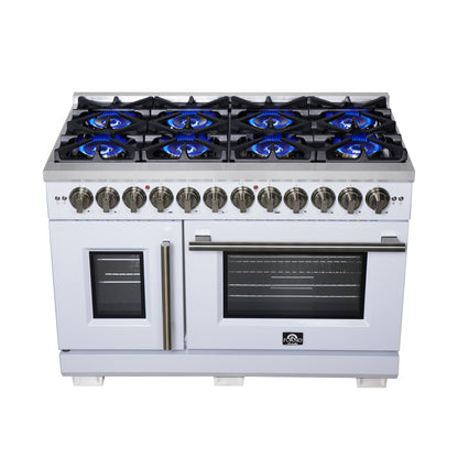 Forno Capriasca 48 Inch Freestanding French Door Dual Fuel Range in White with Antique Brass Accessories, 8 Burners, True Convection Oven