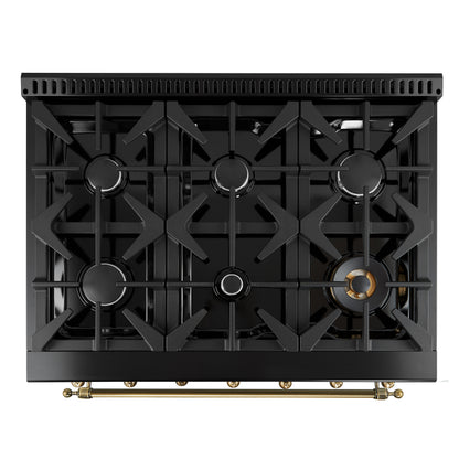 Forno Antico 36-inch Dual Fuel Range, Black and Antique Brass, 6 Burners, 4.5 cu.ft. Convection Oven - Forno Appliances