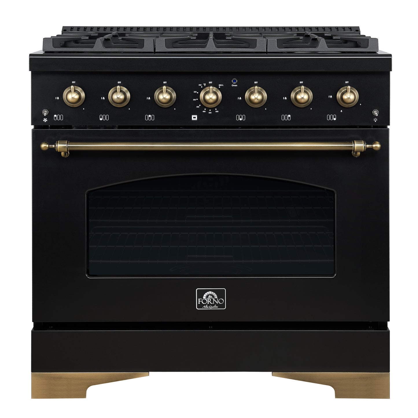 Forno Antico 36-inch Dual Fuel Range, Black and Antique Brass, 6 Burners, 4.5 cu.ft. Convection Oven - Forno Appliances