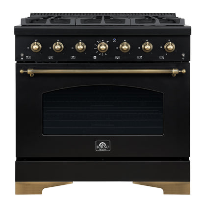 Forno Antico 36-inch Dual Fuel Range, Black and Antique Brass, 6 Burners, 4.5 cu.ft. Convection Oven - Forno Appliances