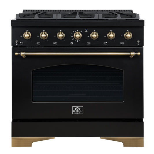 Forno Antico 36-inch Dual Fuel Range, Black and Antique Brass, 6 Burners, 4.5 cu.ft. Convection Oven - Forno Appliances