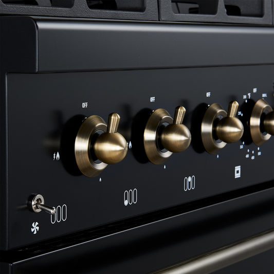 Forno Antico 36-inch Dual Fuel Range, Black and Antique Brass, 6 Burners, 4.5 cu.ft. Convection Oven - Forno Appliances