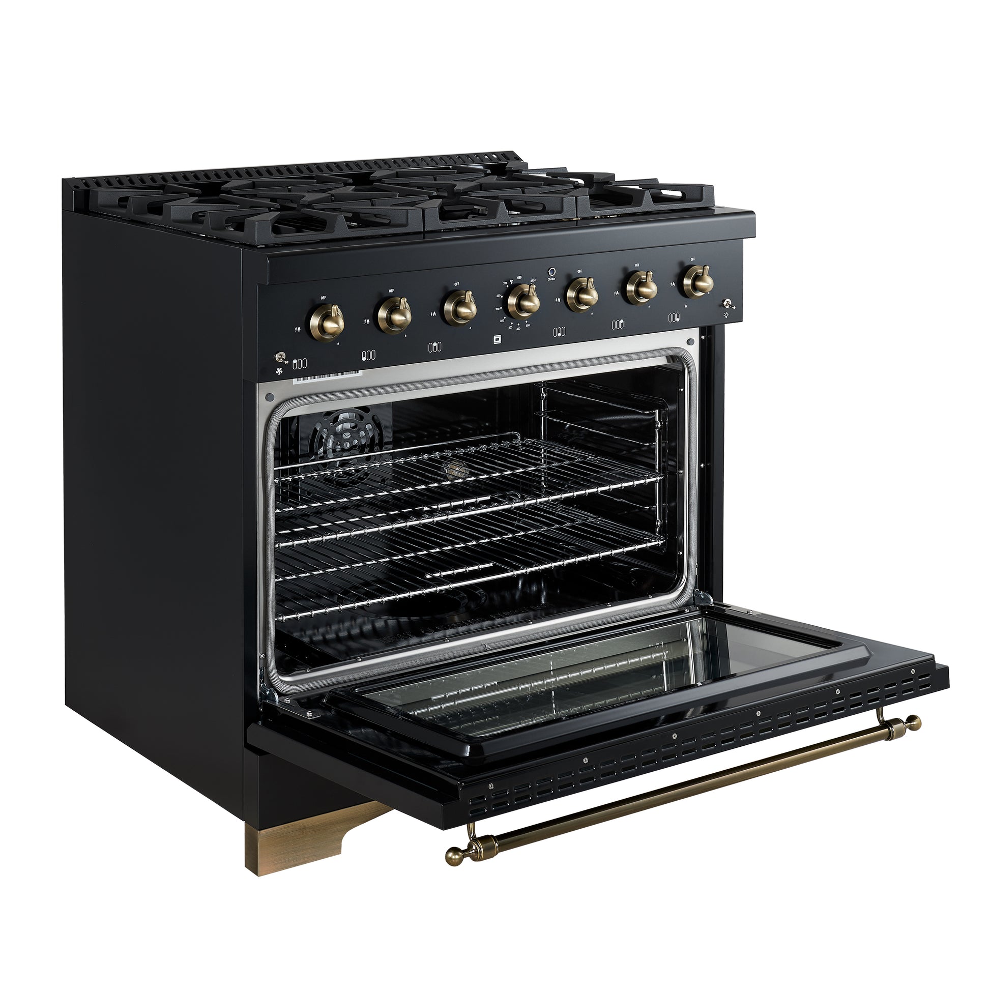 Forno Antico 36-inch Dual Fuel Range, Black and Antique Brass, 6 Burners, 4.5 cu.ft. Convection Oven - Forno Appliances