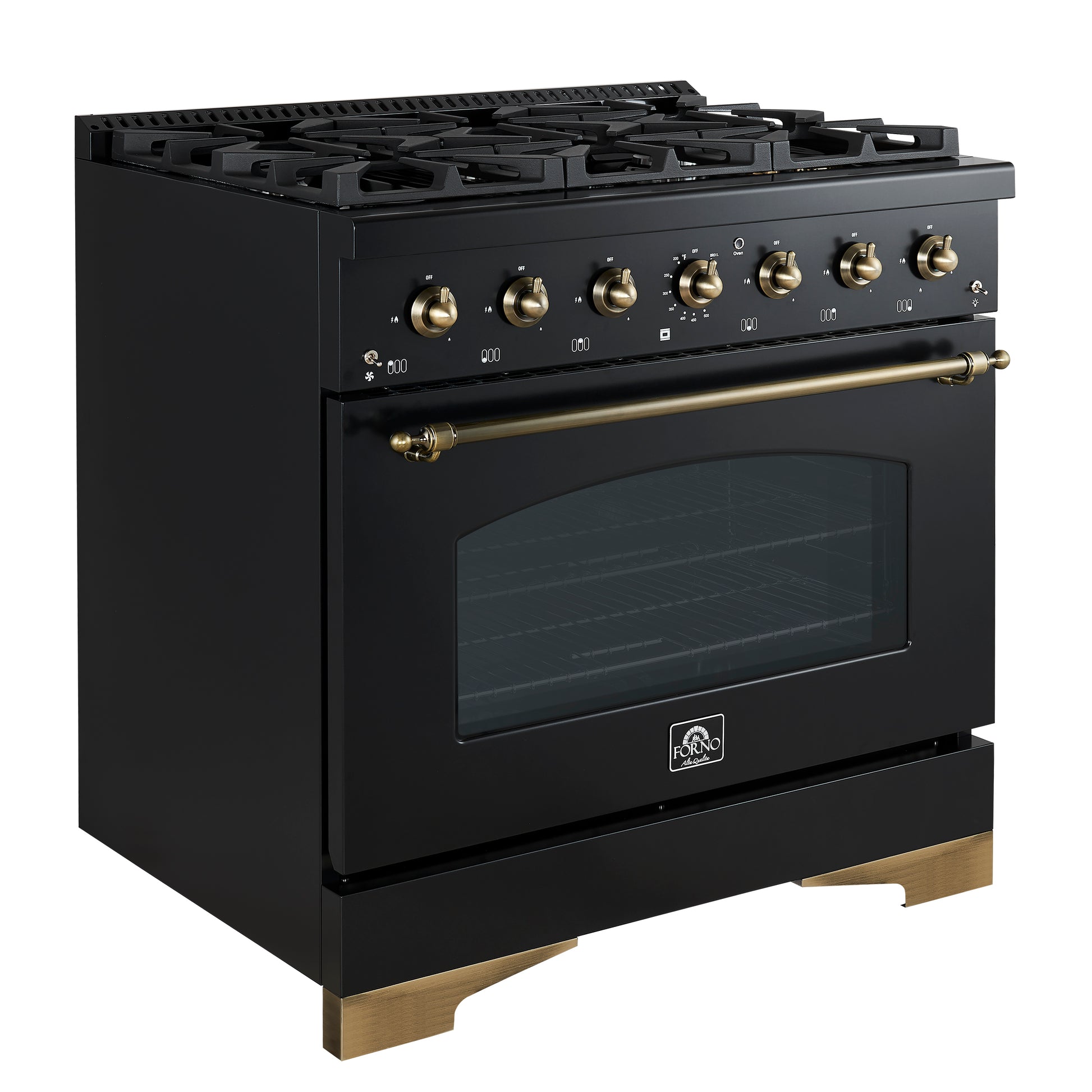 Forno Antico 36-inch Dual Fuel Range, Black and Antique Brass, 6 Burners, 4.5 cu.ft. Convection Oven - Forno Appliances