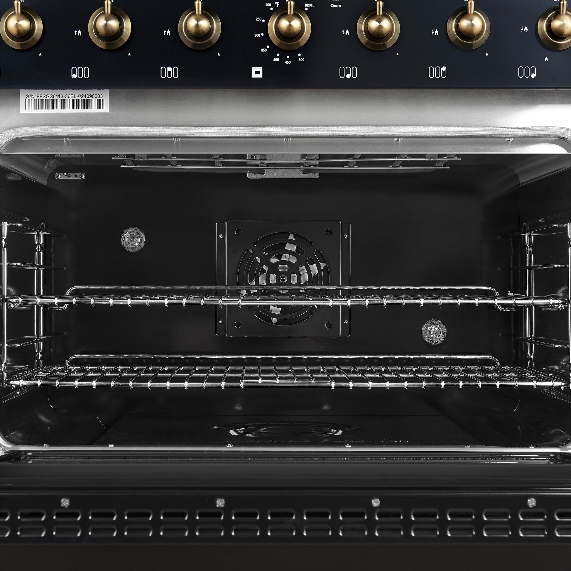 Forno Antico 36-inch Dual Fuel Range, Black and Antique Brass, 6 Burners, 4.5 cu.ft. Convection Oven - Forno Appliances