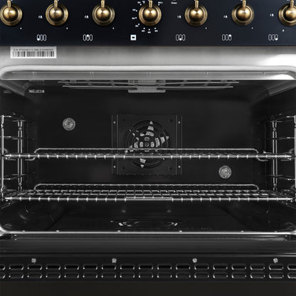 Forno Antico 36-inch Dual Fuel Range, Black and Antique Brass, 6 Burners, 4.5 cu.ft. Convection Oven - Forno Appliances