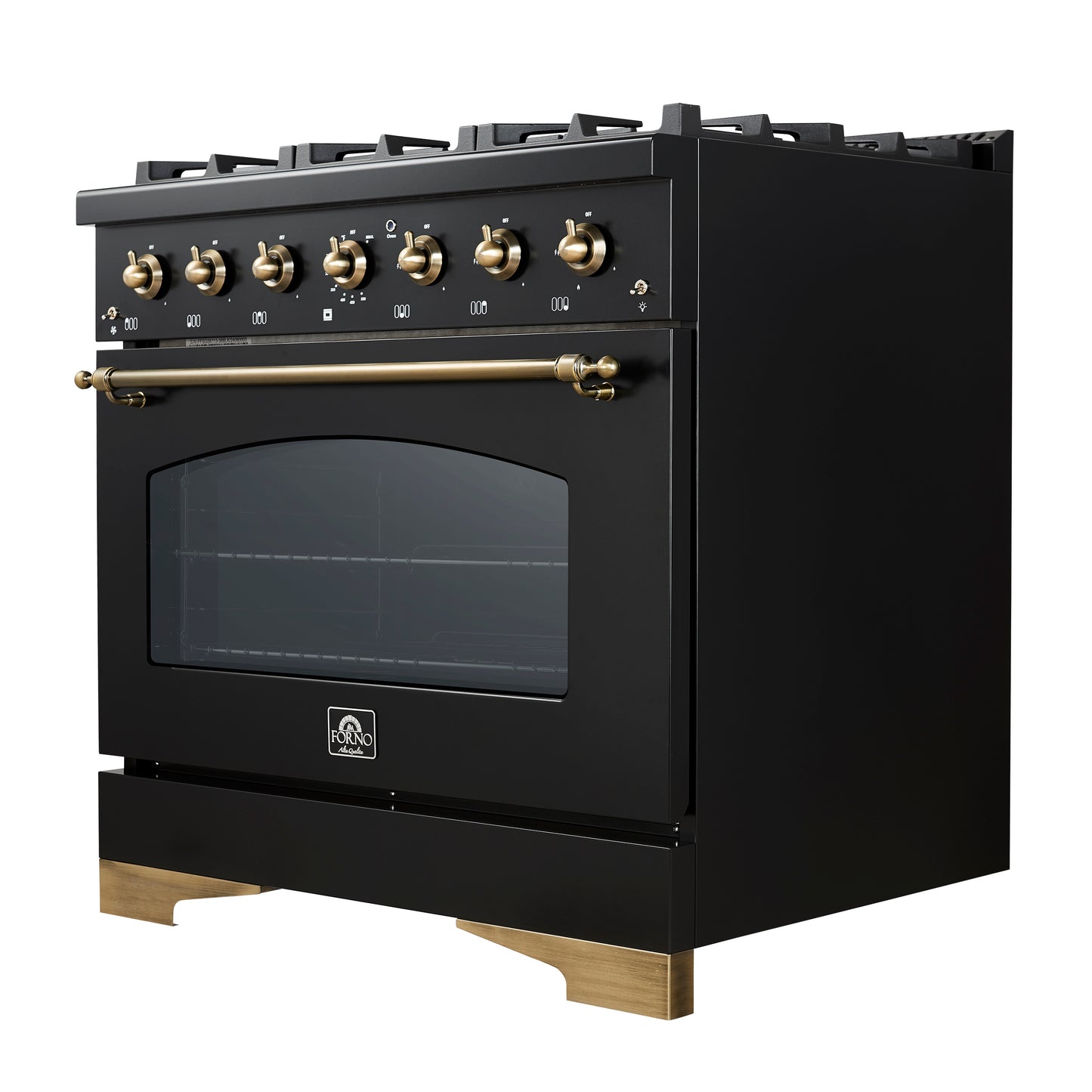 Forno Antico 36-inch Dual Fuel Range, Black and Antique Brass, 6 Burners, 4.5 cu.ft. Convection Oven - Forno Appliances