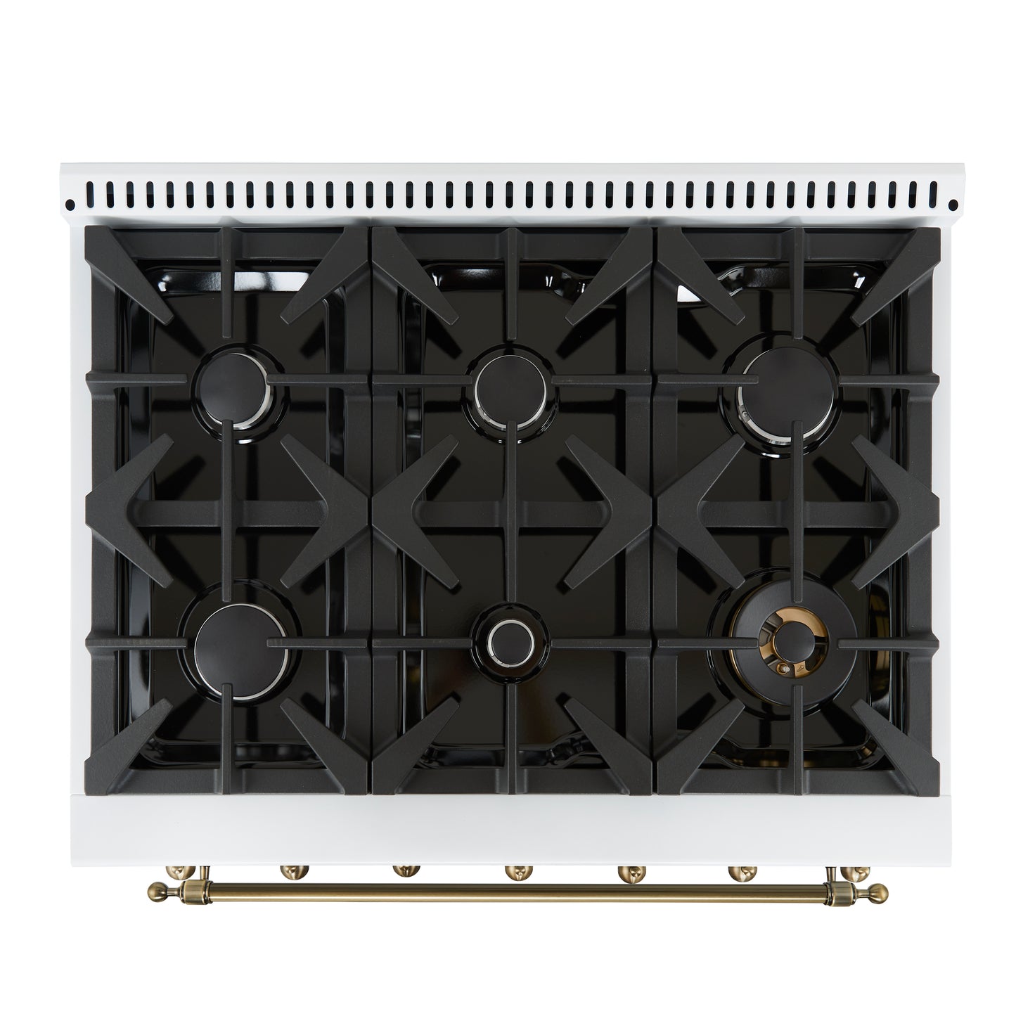 alt
Forno Antico cuisinière bi-énergie 36 pouces blanche et laiton antique, avec 6 brûleurs à gaz scellés et four à convection électrique - Forno Appliances