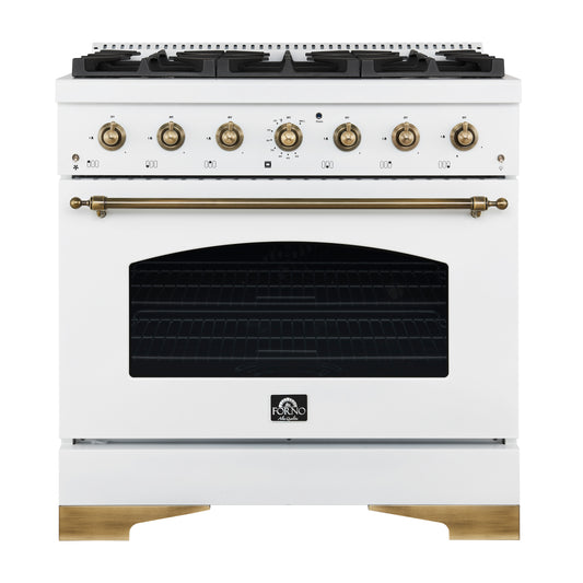 Forno Antico 36-inch Dual Fuel Range White and Antique Brass Design with 6 Sealed Gas Burners and Electric Convection Oven - Forno Appliances