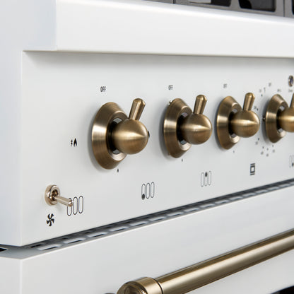 Cuisinière biénergie Forno Antico 36 pouces blanche et laiton vieilli, avec 6 brûleurs à gaz scellés et four électrique à convection - Forno Appliances