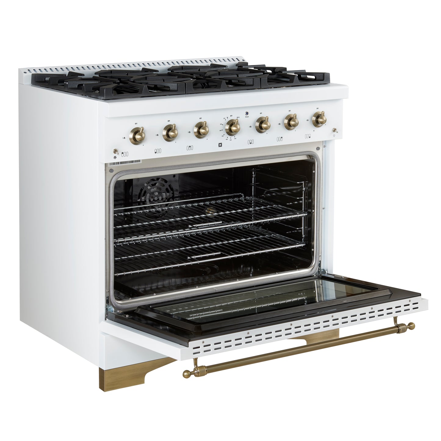 Cuisinière bi-combustible Forno Antico 36 pouces, blanche et laiton antique, avec 6 brûleurs à gaz scellés et four à convection électrique - Forno Appliances