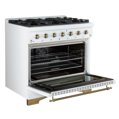 Cuisinière bi-combustible Forno Antico 36 pouces, blanche et laiton antique, avec 6 brûleurs à gaz scellés et four à convection électrique - Forno Appliances