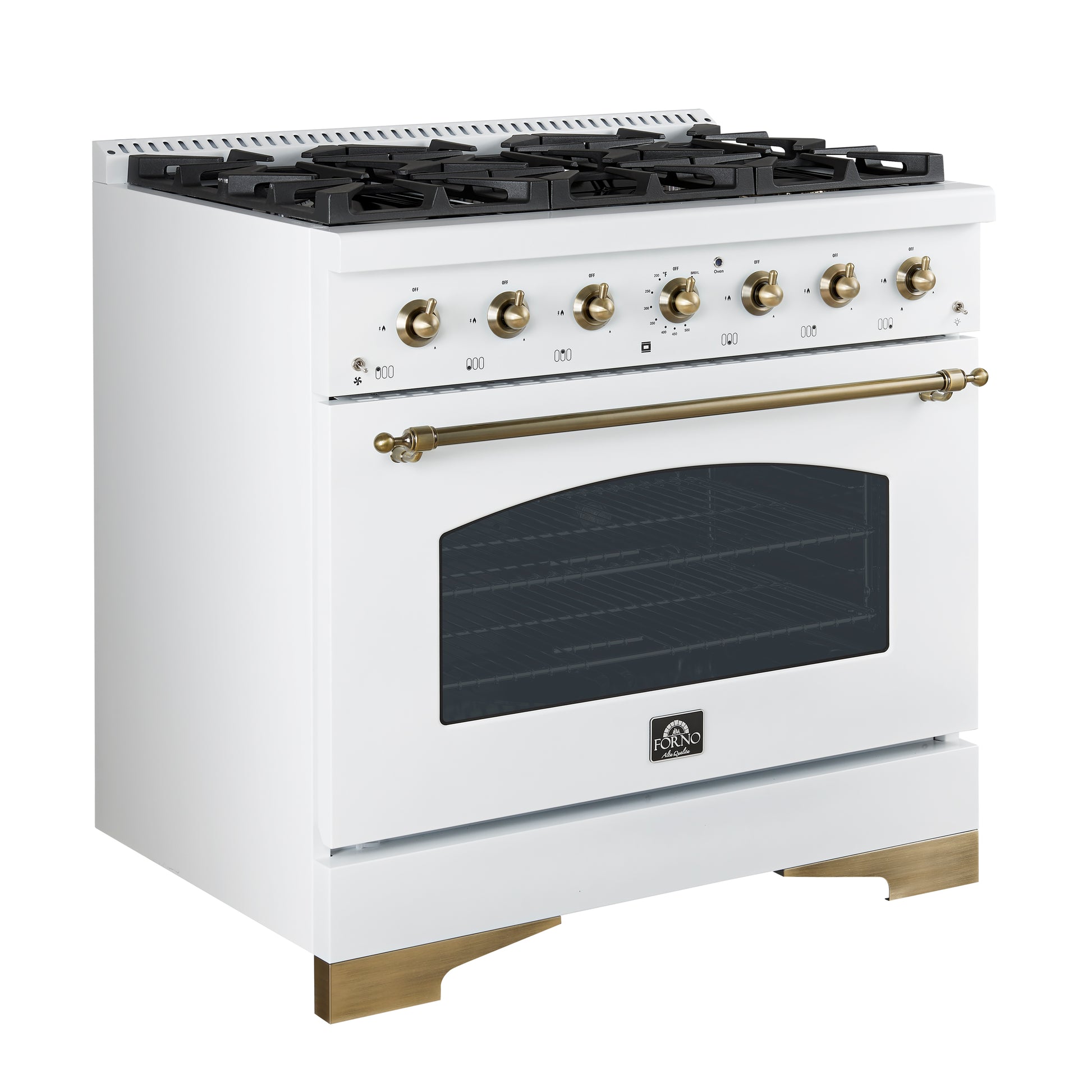 Cuisinière biénergie Forno Antico 36 pouces blanche et laiton vieilli, design avec 6 brûleurs à gaz scellés et four à convection électrique - Forno Appliances