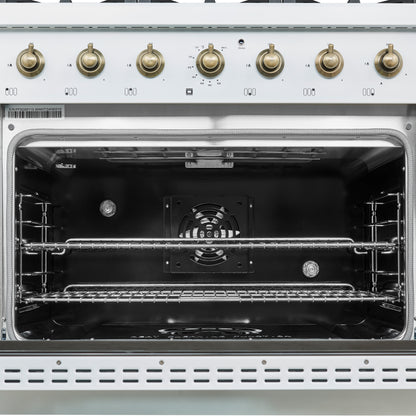 Forno Antico cuisinière biénergie 36 pouces design blanc et laiton vieilli avec 6 brûleurs à gaz étanches et four à convection électrique - Forno Appliances