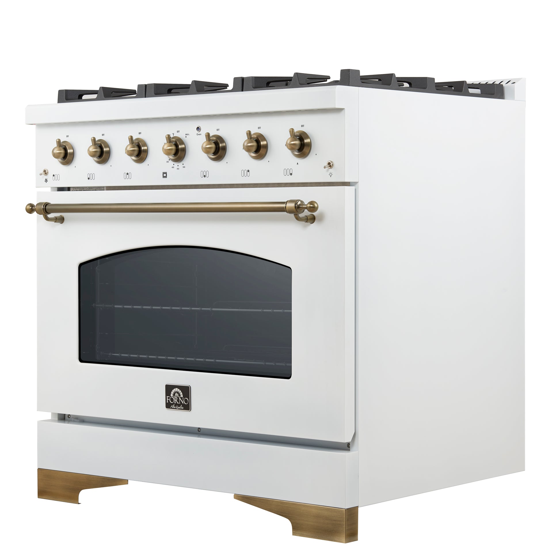 Forno Antico cuisinière mixte 36 pouces blanche et laiton vieilli avec 6 brûleurs à gaz étanches et four à convection électrique - Forno Appliances