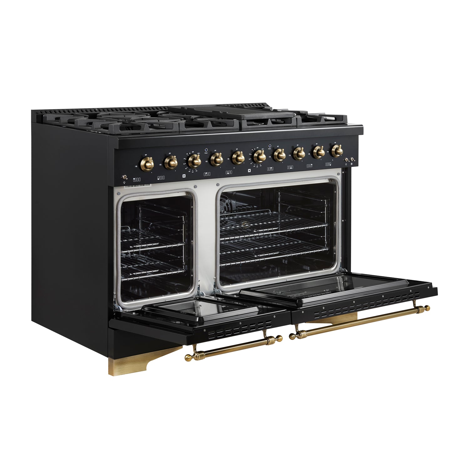 Forno Antico 48-Inch Dual Fuel Range, Black with Antique Brass Finish, 8 Burners, 94,000 BTU, 5.5 cu.ft. Double Ovens & Griddle - Forno Appliances