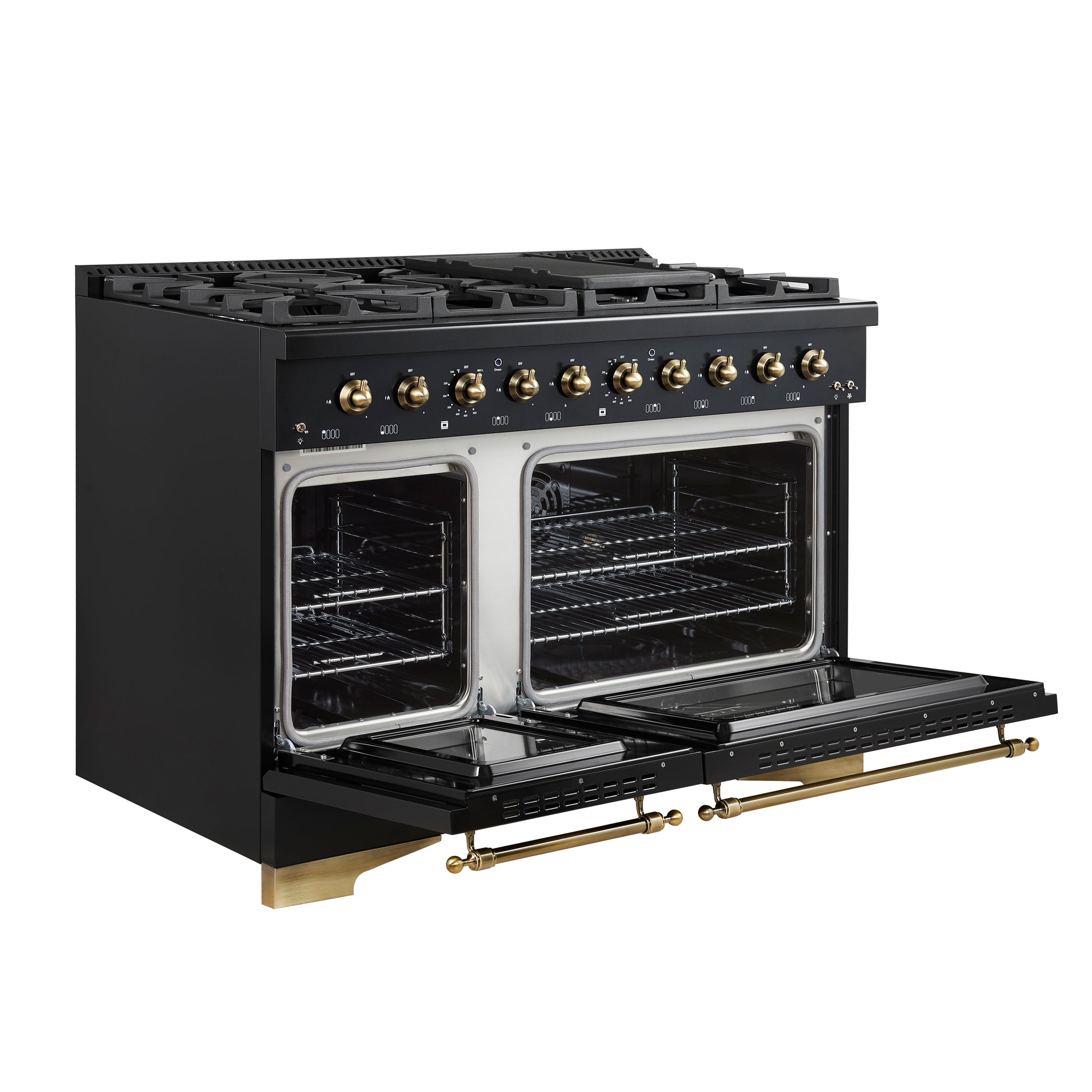 Forno Antico 48-Inch Dual Fuel Range, Black with Antique Brass Finish, 8 Burners, 94,000 BTU, 5.5 cu.ft. Double Ovens & Griddle - Forno Appliances