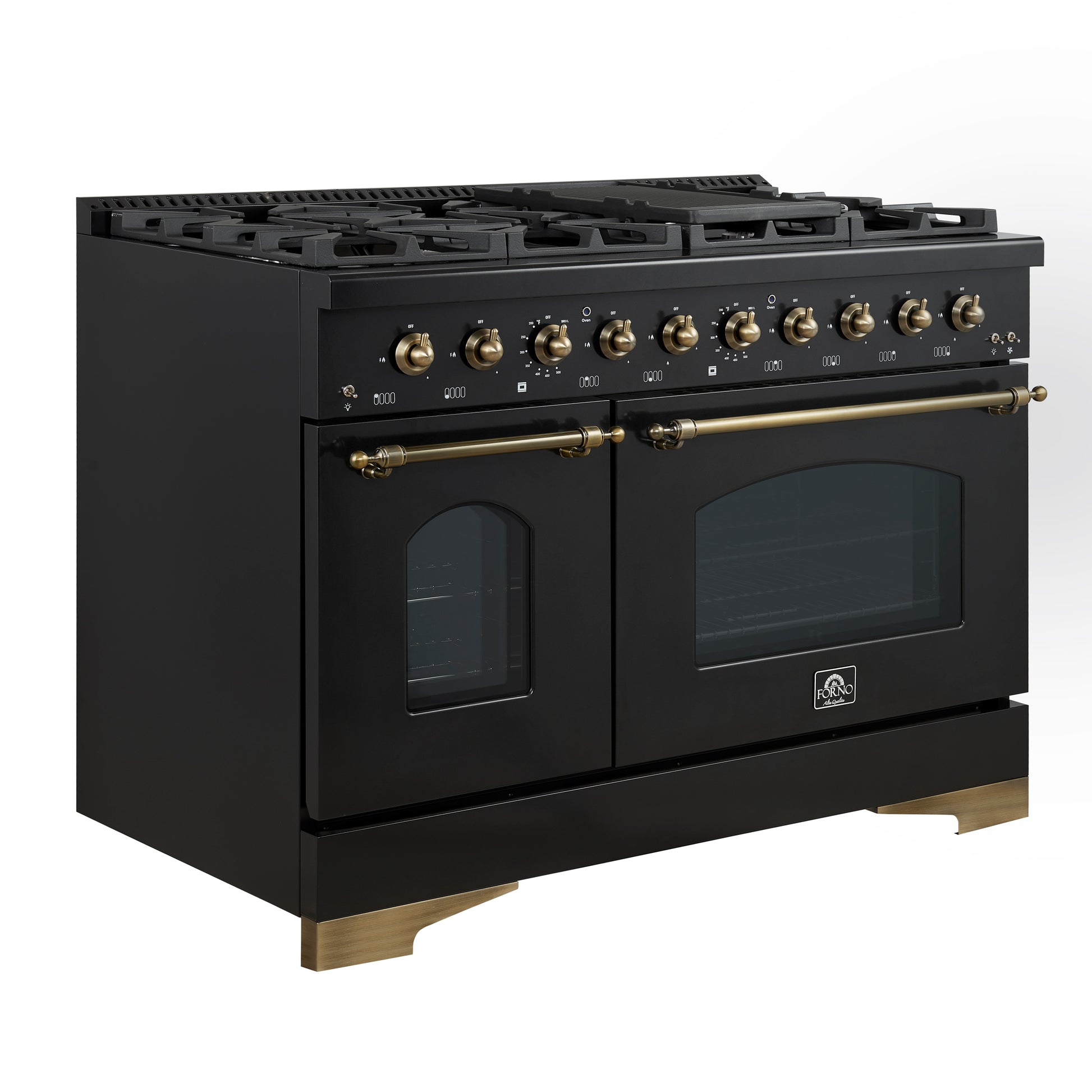 Forno Antico 48-Inch Dual Fuel Range, Black with Antique Brass Finish, 8 Burners, 94,000 BTU, 5.5 cu.ft. Double Ovens & Griddle - Forno Appliances