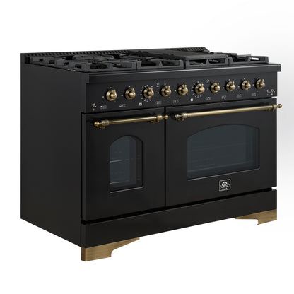 Forno Antico 48-Inch Dual Fuel Range, Black with Antique Brass Finish, 8 Burners, 94,000 BTU, 5.5 cu.ft. Double Ovens & Griddle - Forno Appliances