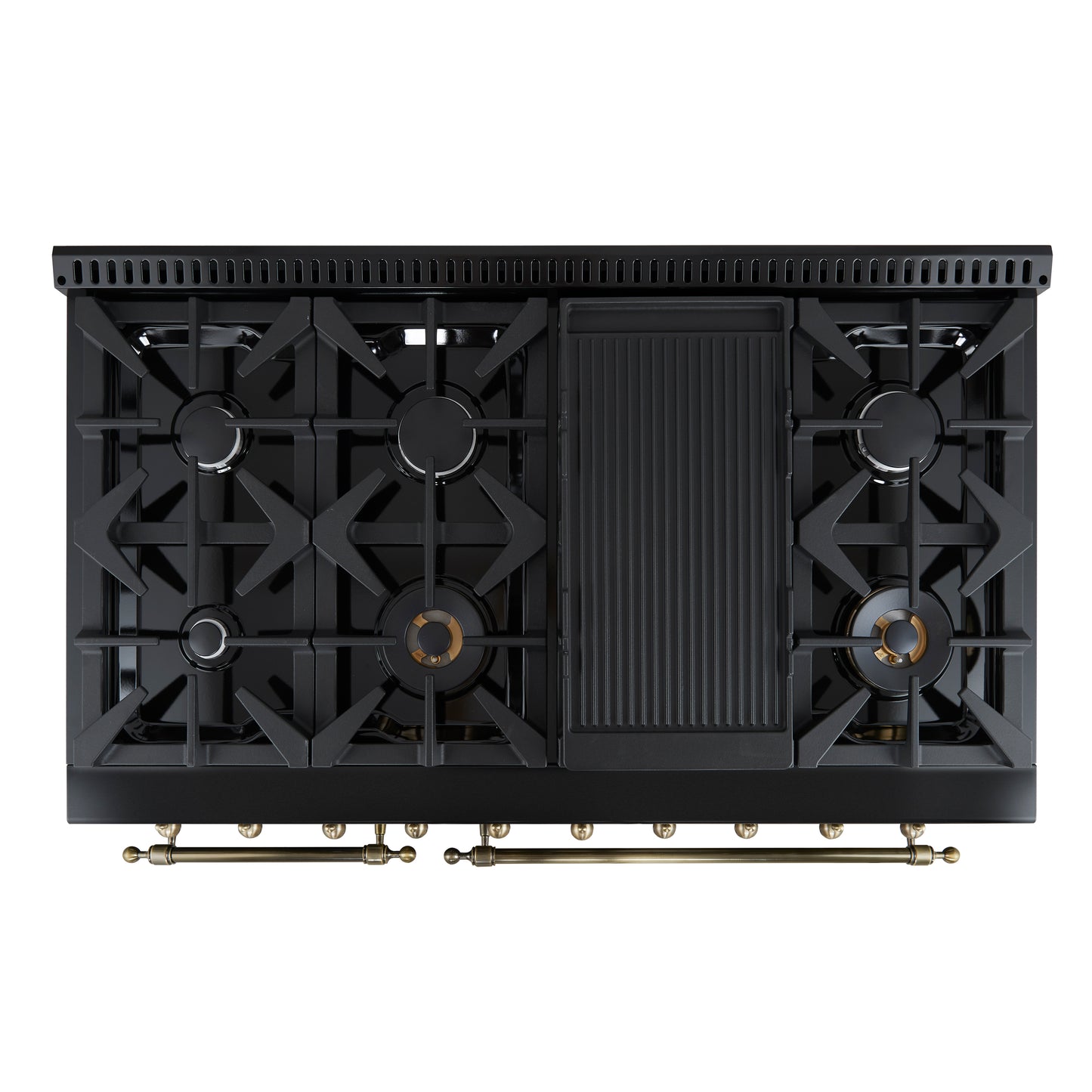 Forno Antico 48-Inch Dual Fuel Range, Black with Antique Brass Finish, 8 Burners, 94,000 BTU, 5.5 cu.ft. Double Ovens & Griddle - Forno Appliances