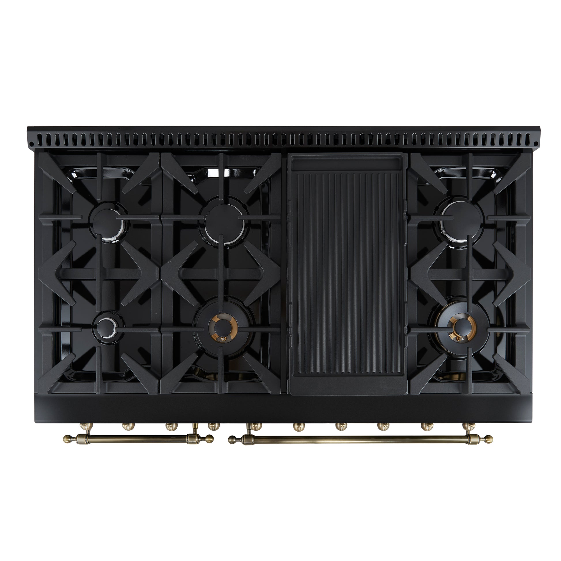 Forno Antico 48-Inch Dual Fuel Range, Black with Antique Brass Finish, 8 Burners, 94,000 BTU, 5.5 cu.ft. Double Ovens & Griddle - Forno Appliances