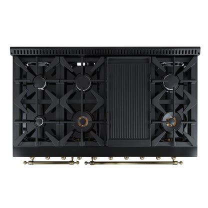 Forno Antico 48-Inch Dual Fuel Range, Black with Antique Brass Finish, 8 Burners, 94,000 BTU, 5.5 cu.ft. Double Ovens & Griddle - Forno Appliances