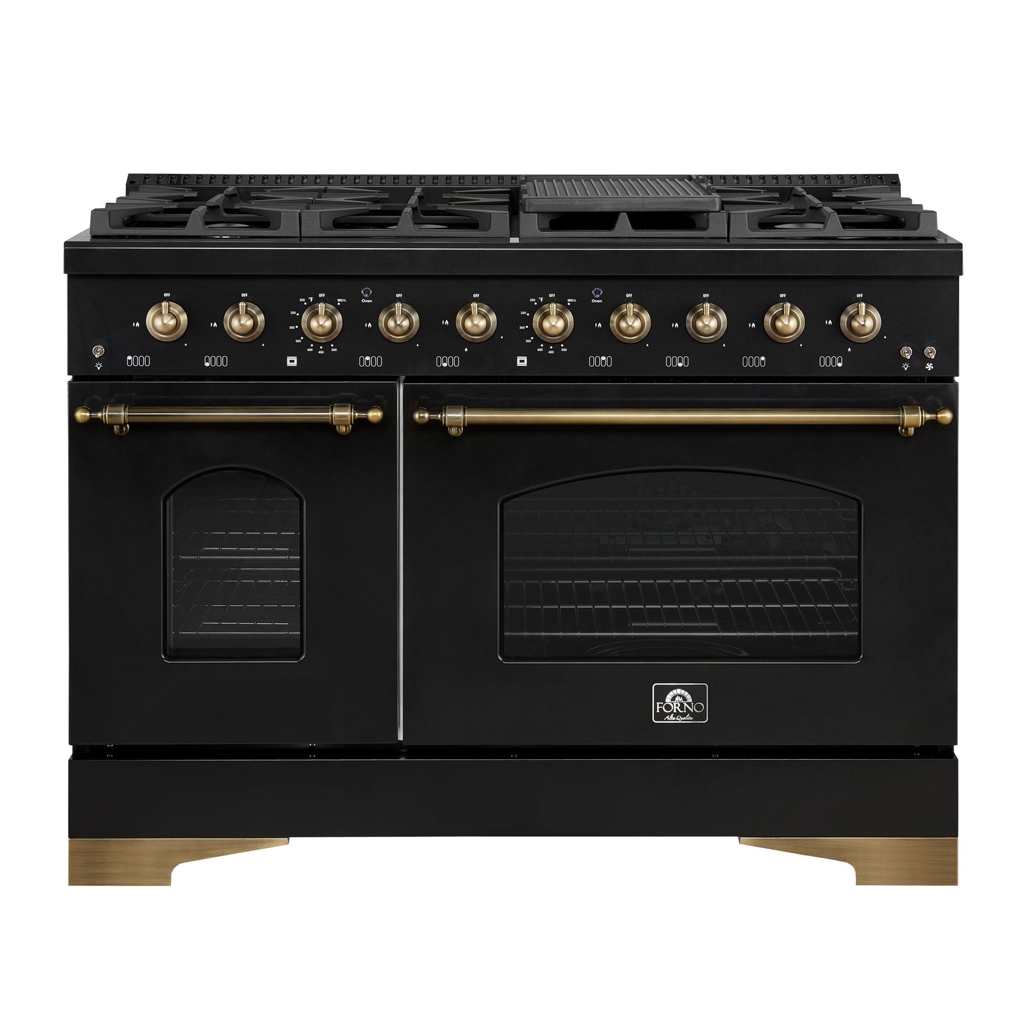 Forno Antico 48-Inch Dual Fuel Range, Black with Antique Brass Finish, 8 Burners, 94,000 BTU, 5.5 cu.ft. Double Ovens & Griddle - Forno Appliances