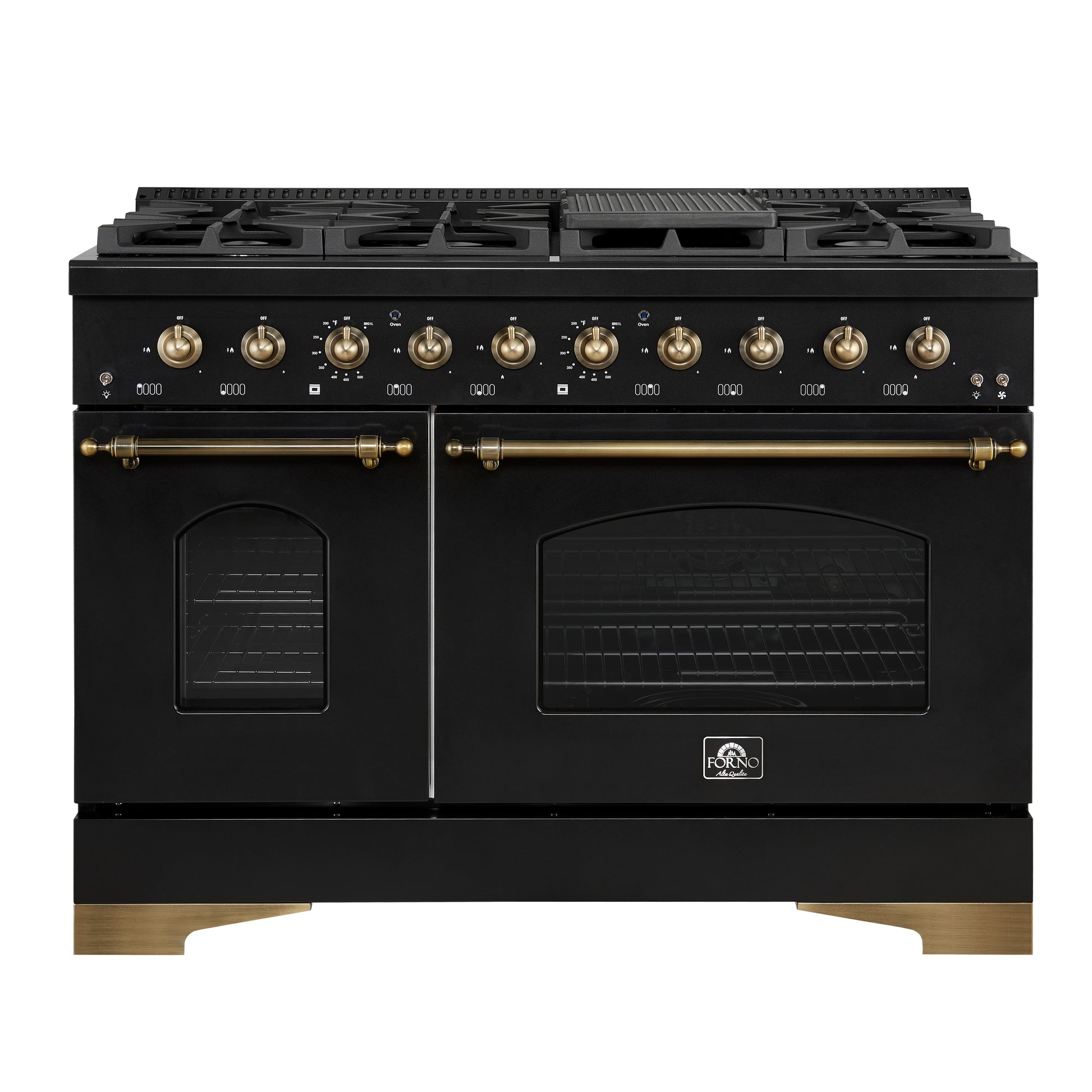 Forno Antico 48-Inch Dual Fuel Range, Black with Antique Brass Finish, 8 Burners, 94,000 BTU, 5.5 cu.ft. Double Ovens & Griddle - Forno Appliances