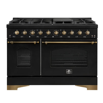 Forno Antico 48-Inch Dual Fuel Range, Black with Antique Brass Finish, 8 Burners, 94,000 BTU, 5.5 cu.ft. Double Ovens & Griddle - Forno Appliances