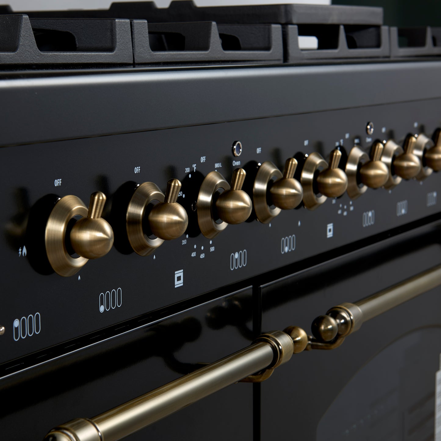 Forno Antico 48-Inch Dual Fuel Range, Black with Antique Brass Finish, 8 Burners, 94,000 BTU, 5.5 cu.ft. Double Ovens & Griddle - Forno Appliances