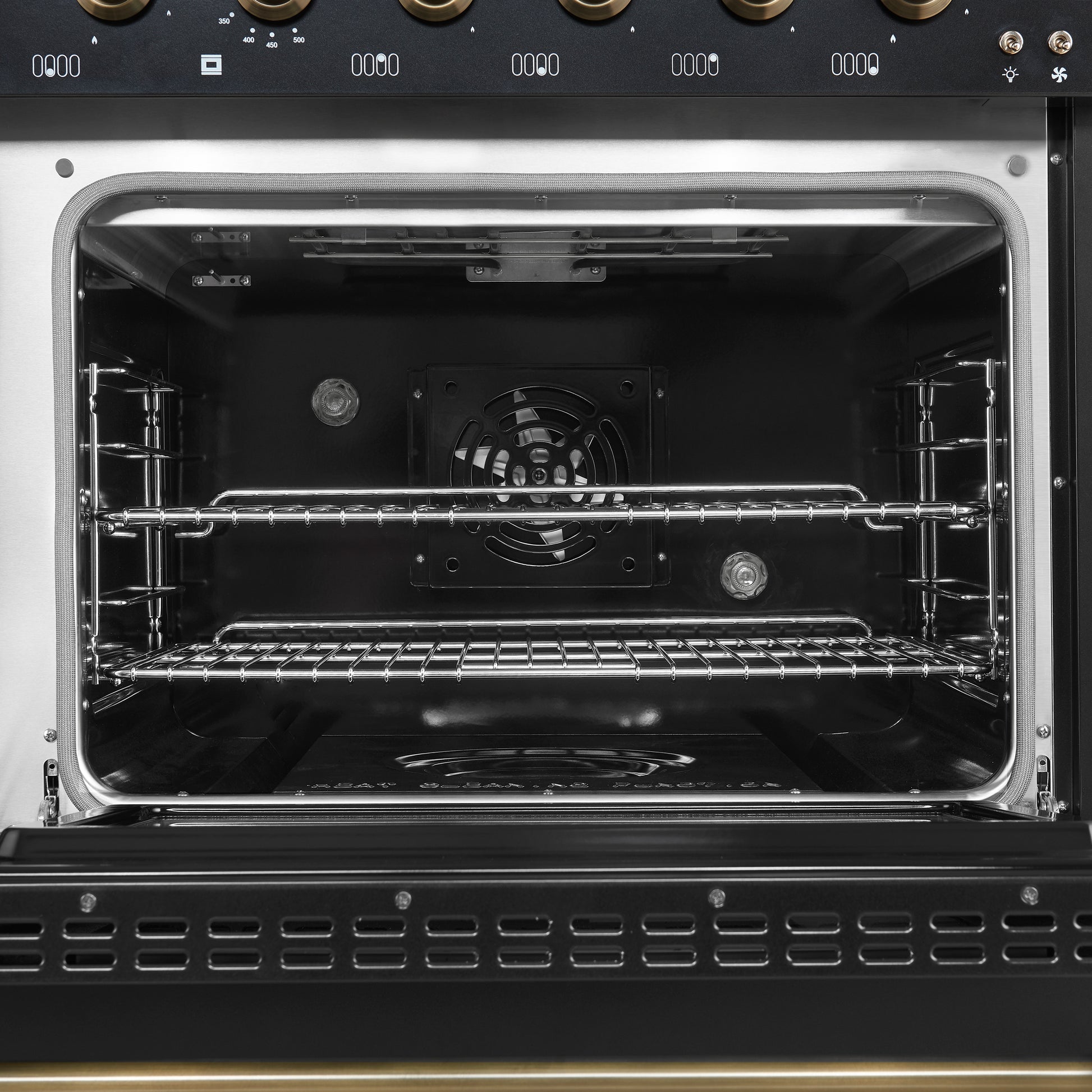 Forno Antico 48-Inch Dual Fuel Range, Black with Antique Brass Finish, 8 Burners, 94,000 BTU, 5.5 cu.ft. Double Ovens & Griddle - Forno Appliances