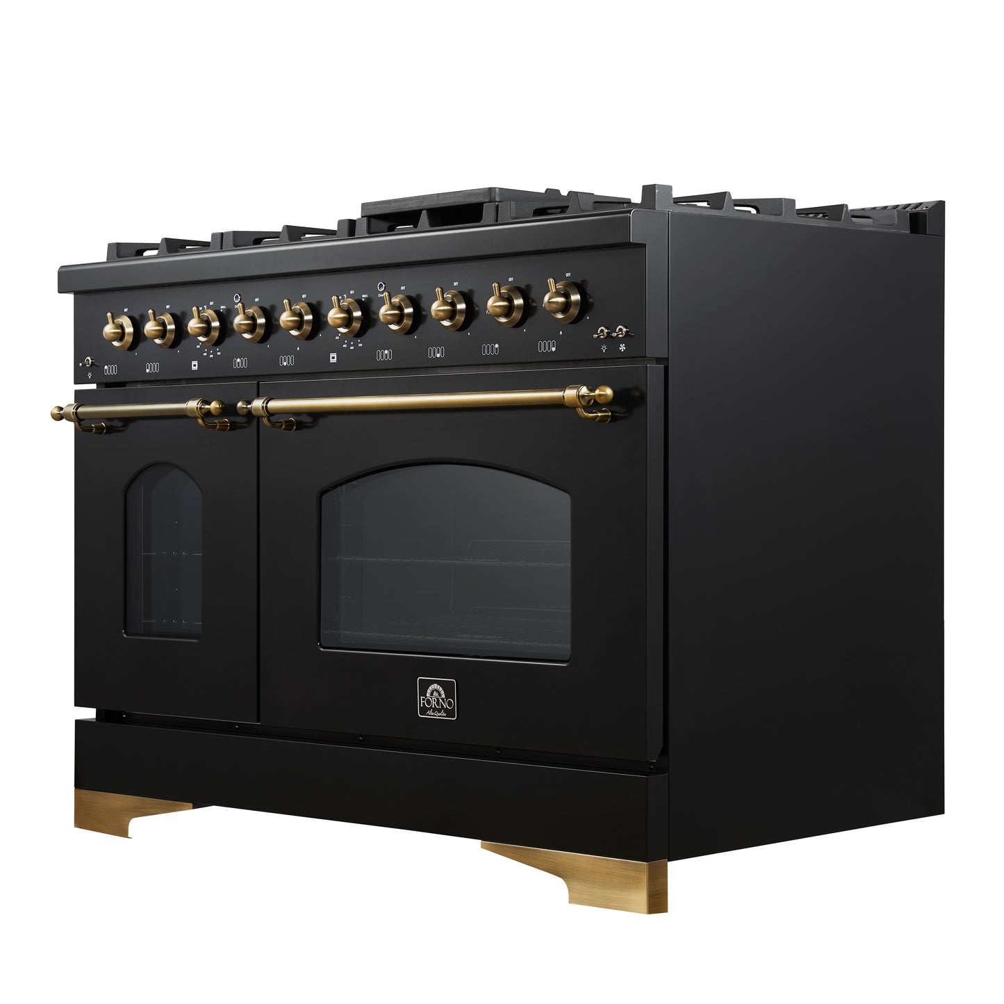 Forno Antico 48-Inch Dual Fuel Range, Black with Antique Brass Finish, 8 Burners, 94,000 BTU, 5.5 cu.ft. Double Ovens & Griddle - Forno Appliances