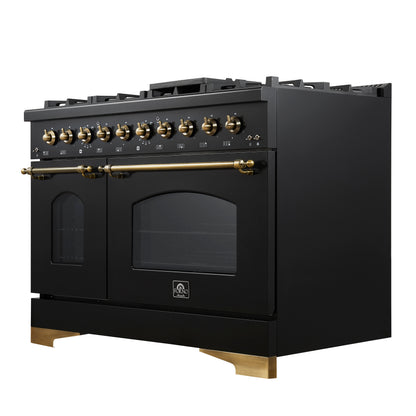 Forno Antico 48-Inch Dual Fuel Range, Black with Antique Brass Finish, 8 Burners, 94,000 BTU, 5.5 cu.ft. Double Ovens & Griddle - Forno Appliances