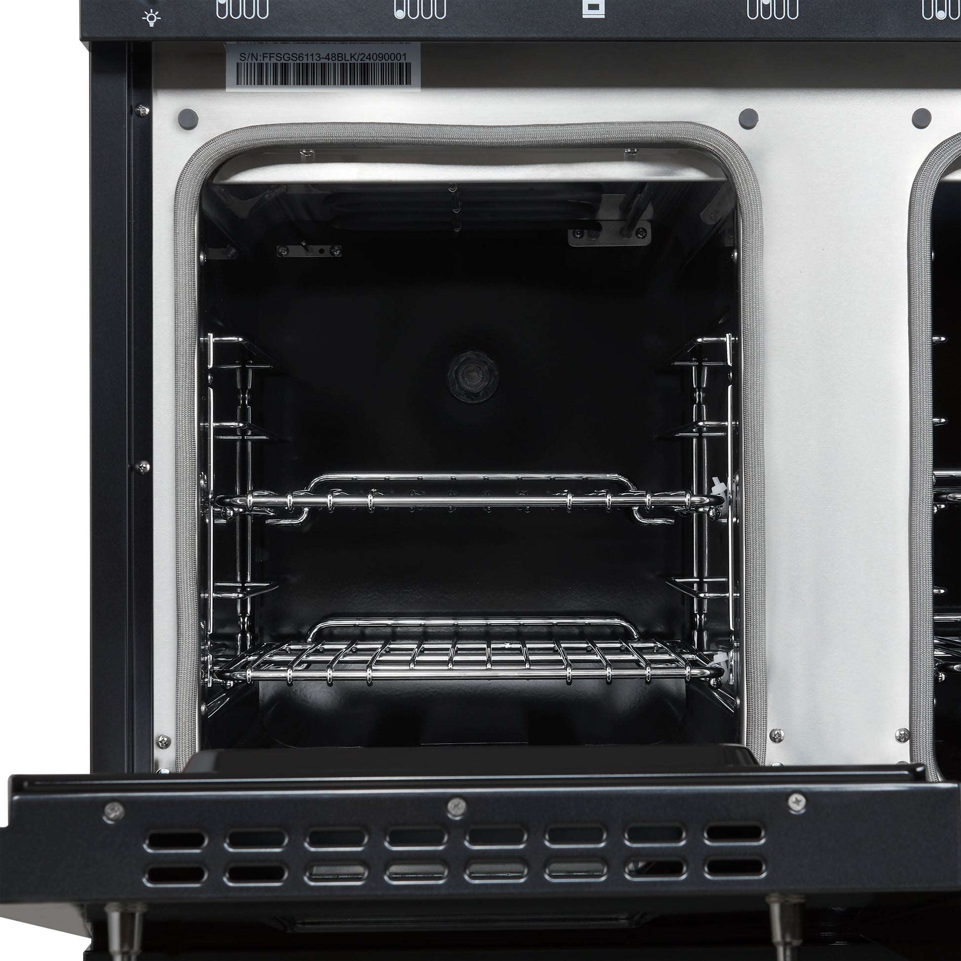Forno Antico 48-Inch Dual Fuel Range, Black with Antique Brass Finish, 8 Burners, 94,000 BTU, 5.5 cu.ft. Double Ovens & Griddle - Forno Appliances