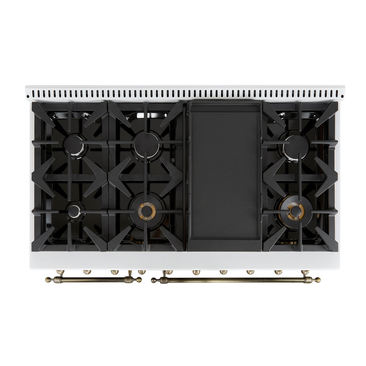 Forno Antico 48-Inch Dual Fuel Range, White with Antique Brass Finish, 8 Burners, 94,000 BTU, 5.5 cu.ft. Double Ovens & Griddle - Forno Appliances