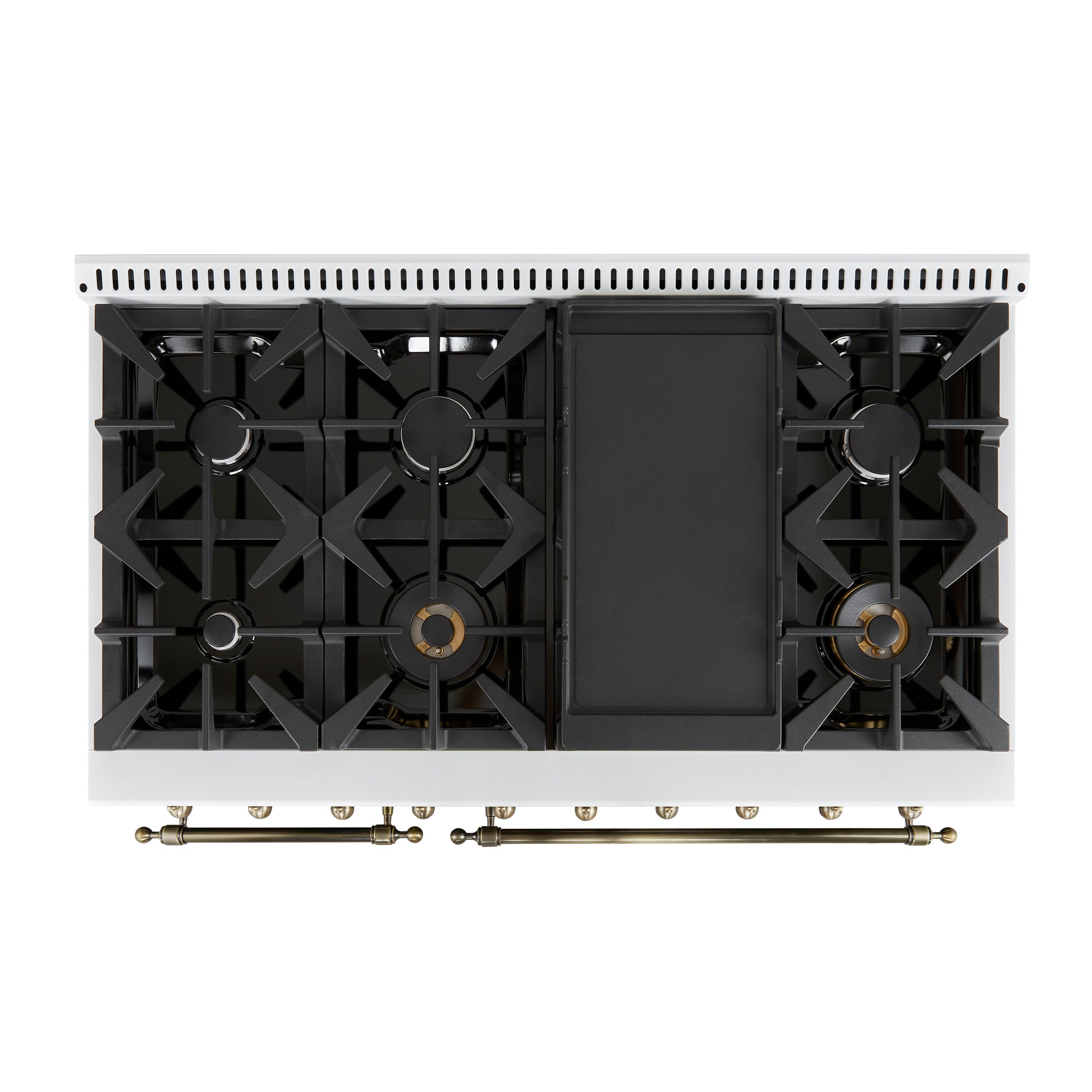Forno Antico 48-Inch Dual Fuel Range, White with Antique Brass Finish, 8 Burners, 94,000 BTU, 5.5 cu.ft. Double Ovens & Griddle - Forno Appliances