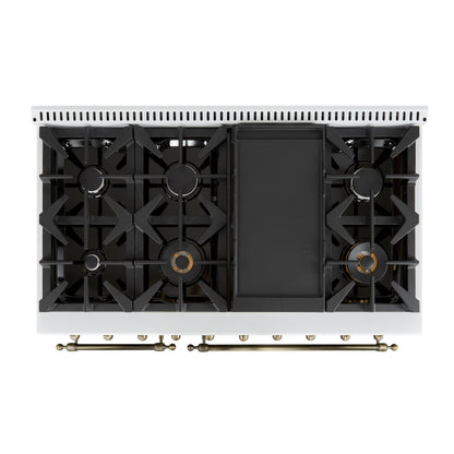 Forno Antico 48-Inch Dual Fuel Range, White with Antique Brass Finish, 8 Burners, 94,000 BTU, 5.5 cu.ft. Double Ovens & Griddle - Forno Appliances