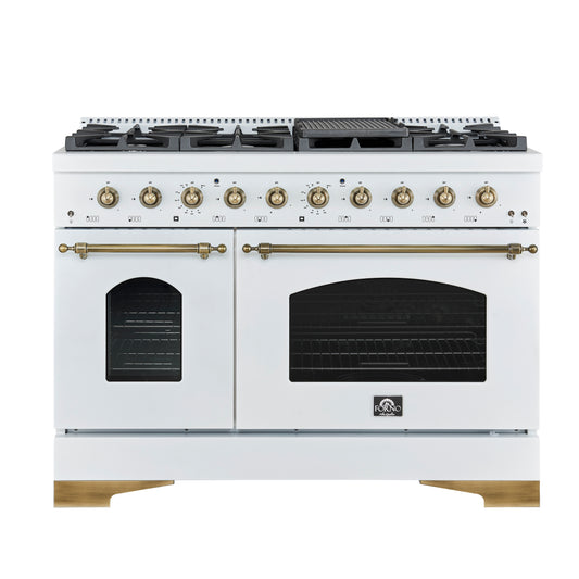 Forno Antico 48-Inch Dual Fuel Range, White with Antique Brass Finish, 8 Burners, 94,000 BTU, 5.5 cu.ft. Double Ovens & Griddle - Forno Appliances