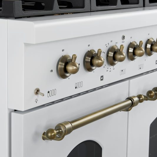 Forno Antico 48-Inch Dual Fuel Range, White with Antique Brass Finish, 8 Burners, 94,000 BTU, 5.5 cu.ft. Double Ovens & Griddle - Forno Appliances
