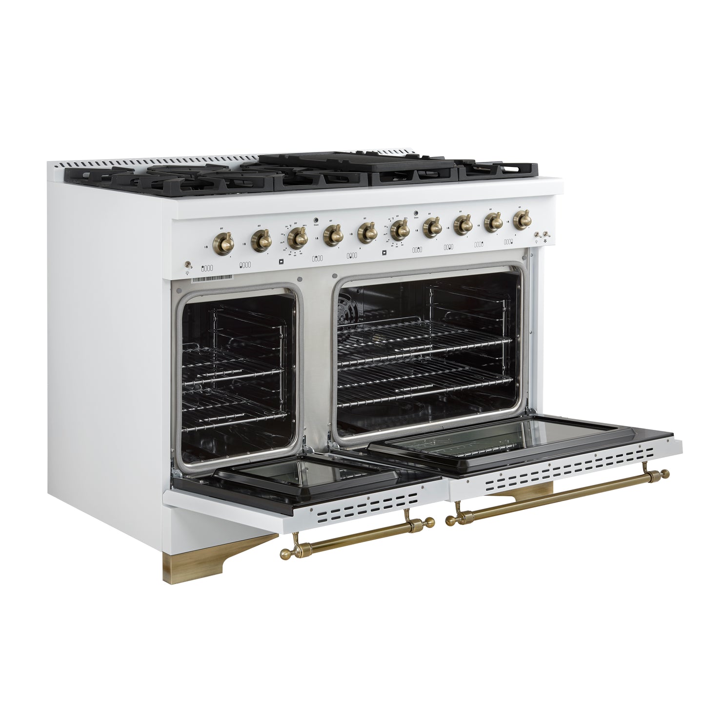 Forno Antico 48-Inch Dual Fuel Range, White with Antique Brass Finish, 8 Burners, 94,000 BTU, 5.5 cu.ft. Double Ovens & Griddle - Forno Appliances