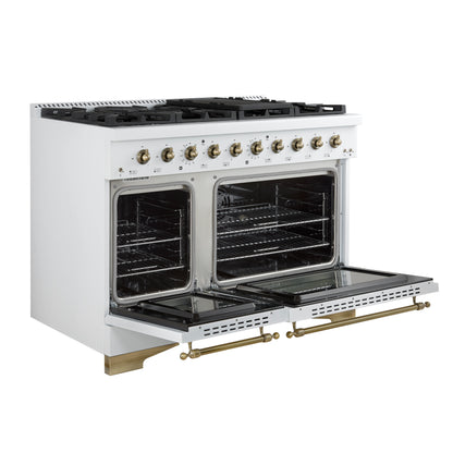 Forno Antico 48-Inch Dual Fuel Range, White with Antique Brass Finish, 8 Burners, 94,000 BTU, 5.5 cu.ft. Double Ovens & Griddle - Forno Appliances