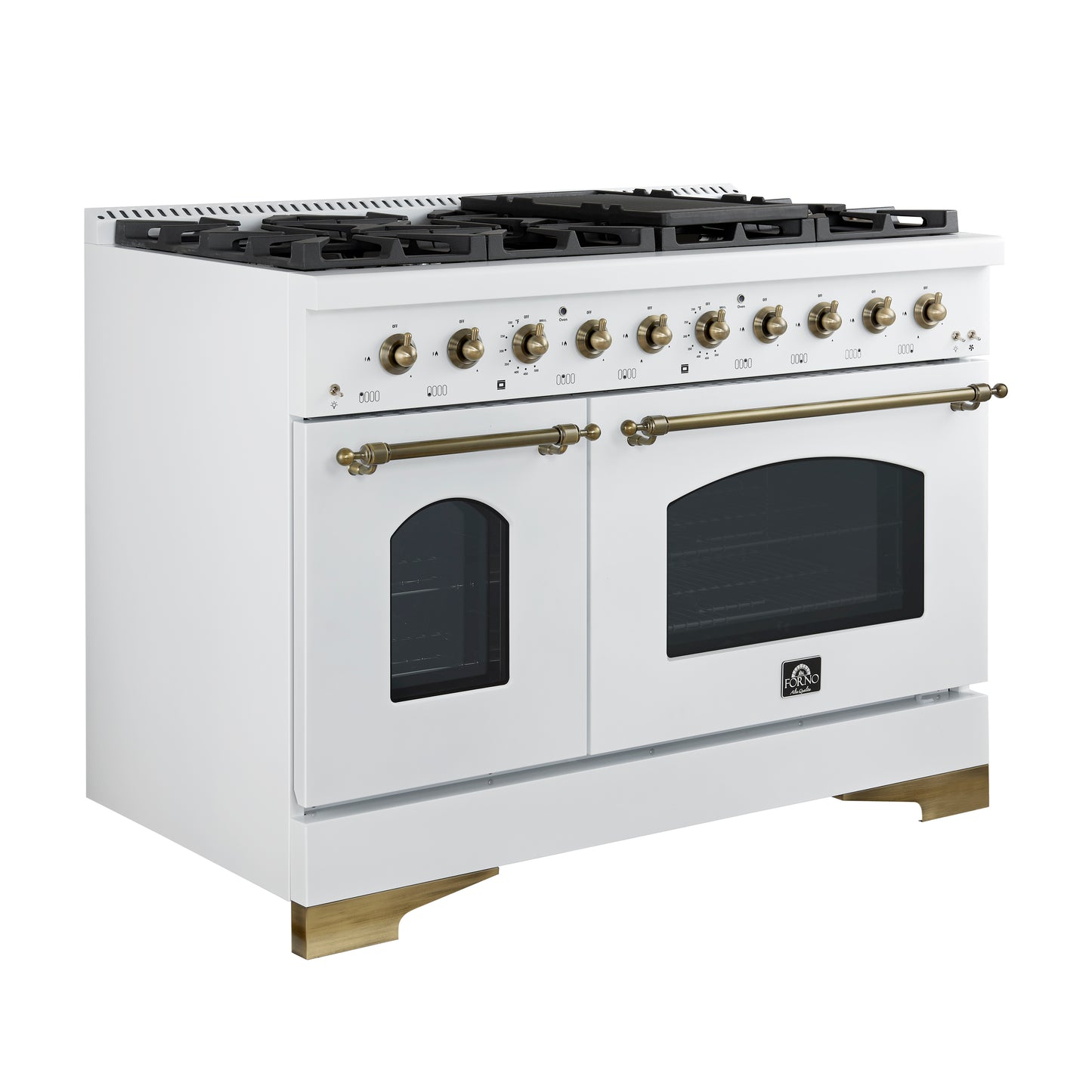 Forno Antico 48-Inch Dual Fuel Range, White with Antique Brass Finish, 8 Burners, 94,000 BTU, 5.5 cu.ft. Double Ovens & Griddle - Forno Appliances