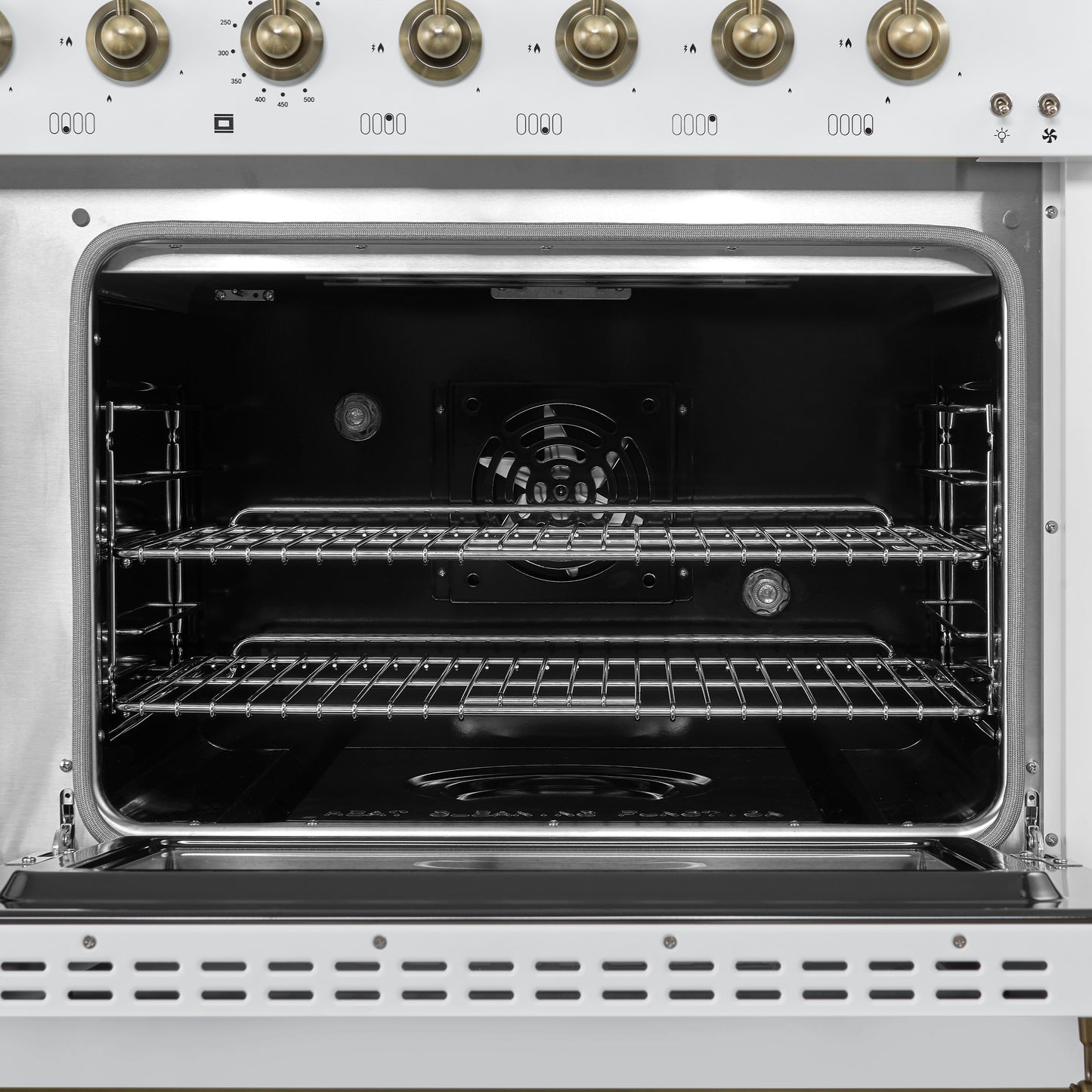 Forno Antico 48-Inch Dual Fuel Range, White with Antique Brass Finish, 8 Burners, 94,000 BTU, 5.5 cu.ft. Double Ovens & Griddle - Forno Appliances