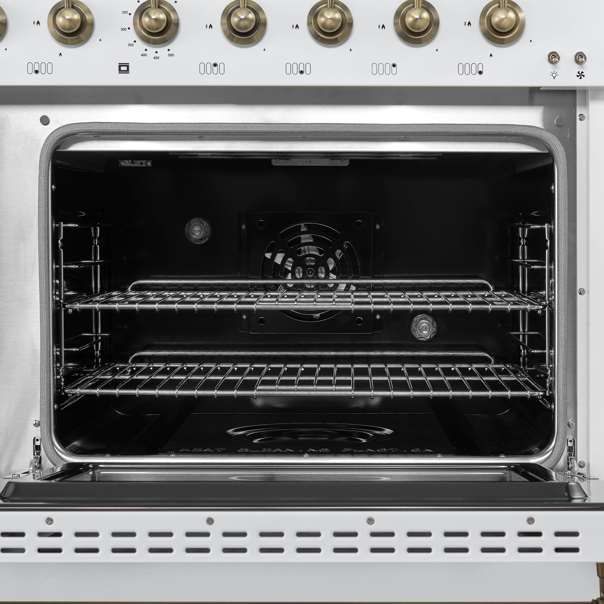 Forno Antico 48-Inch Dual Fuel Range, White with Antique Brass Finish, 8 Burners, 94,000 BTU, 5.5 cu.ft. Double Ovens & Griddle - Forno Appliances